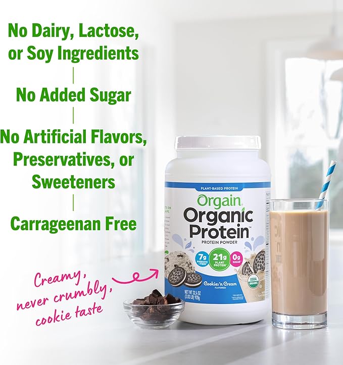 Orgain Organic Vegan Protein Powder, Cookies 'n Cream - 21g of Plant Based Protein, Low Net Carbs, Gluten Free, Lactose Free, No Sugar Added, Soy Free, Kosher, Non-GMO, 2.03 Lb