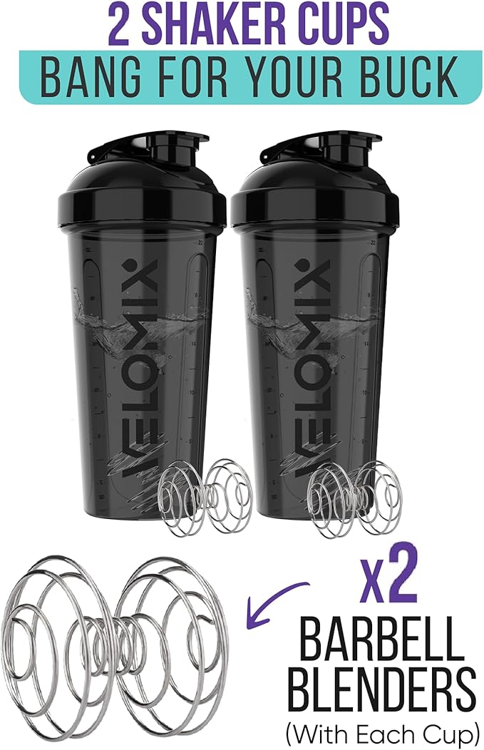 -2 Pack- 28 oz Protein Shaker Bottles for Protein Mixes - 2x Wire Whisk | Leak Proof Shaker Cups for Protein Shakes | Protein Shaker Bottle Pack | Shakers for Protein Shakes - 2xBlack