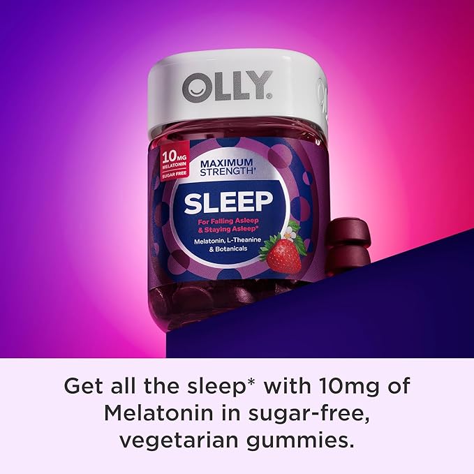 OLLY Max Strength Sleep Gummy, 10mg Melatonin, L-Theanine, Chamomile, Lemon Balm, Sugar Free, Vegetarian Sleep Aid, Strawberry - 50 Count