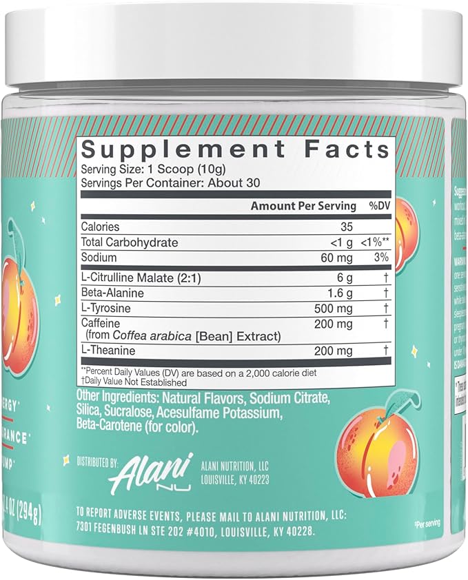 Alani Nu Pre Workout Powder Juicy Peach, Amino Energy Boost, Endurance Supplement, Sugar Free, 200mg Caffeine, L-Theanine, Beta-Alanine, Citrulline, 30 Servings