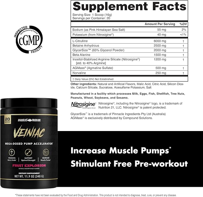 Anabolic Warfare Veiniac Muscle Pump Activator Supplement Stimulant Free Pre-Workout with L-Citrulline, Betaine Anhydrous, & Added AGMass™, Increases Nitric Oxide*, Fruit Punch 20 Servings