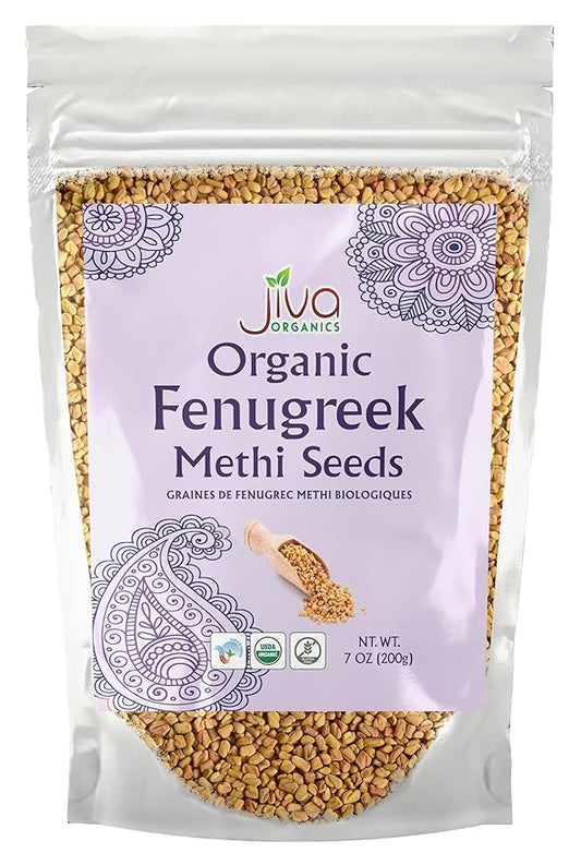 Jiva Organic Fenugreek Seeds 7 Ounce – Non-GMO, Gluten Free, All Natural Fenugreek Spice – Organic Fenugreek Seeds for Hair Growth, Cooking & Sprouting - Methi Seeds for Methi Dana Water - Raw & Natural, Product of India