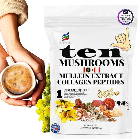 SUNDAFONE Mushroom Coffee, with Grass Fed Collagen, Mullein, Lion's Mane, Reishi for Focus, Immunity, Memory, Clarity, Breathing, Skin Hair Support, 12 Adaptogenic Instant Collagen Slim Coffee