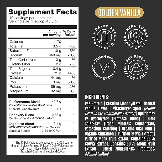Falcon Performance Vegan Protein Powder, 31g Protein, 5g Creatine, 5g BCAA, Probiotics, Electrolytes, Pre Workout, Low Carb, Sugar Free & Dairy Free, Plant Based Vanilla Protein -19 Servings