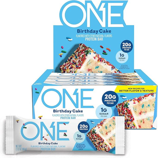 ONE Protein Bars, Birthday Cake, Gluten Free with 20g Protein and 1g Sugar, Pantry Staples, 2.12 oz (12 Count)