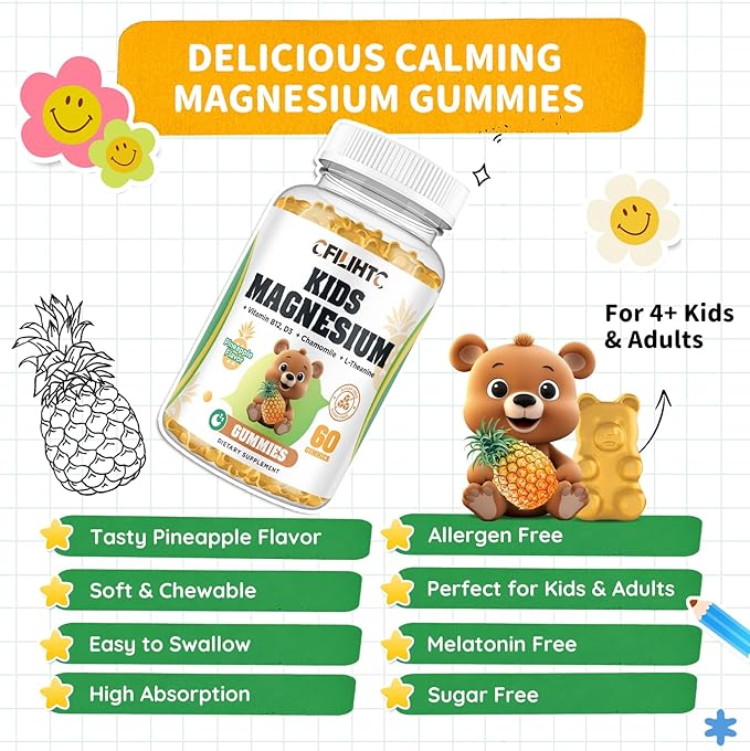 Kids Magnesium Glycinate Gummies, Magnesium for Kids & Adults, with Citrate, Zinc, Vitamin D3, B12, L-Theanine Supplement for Sleep Calm Bone & Muscle Mood, Pineapple 60ct