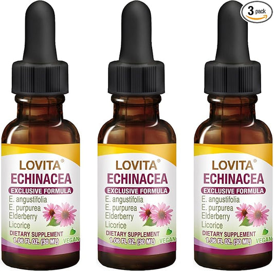 Lovita Echinacea Extract Liquid | 1 FL OZ | 350 mg per Serving | Concentrated Herb Tincture | Vegan | Alcohol-Free | with Elderberry and Licorice Extract (Pack of 3)