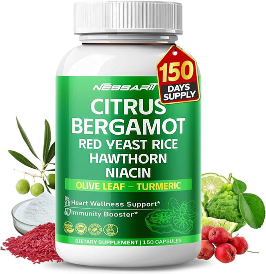 Citrus Bergamot Supplement - 15-in-1 Natural Blend with Red Yeast Rice Hawthorn Olive Leaf Odorless Garlic Turmeric Ginger Fenugreek - 150 Count - Made & Tested in The USA