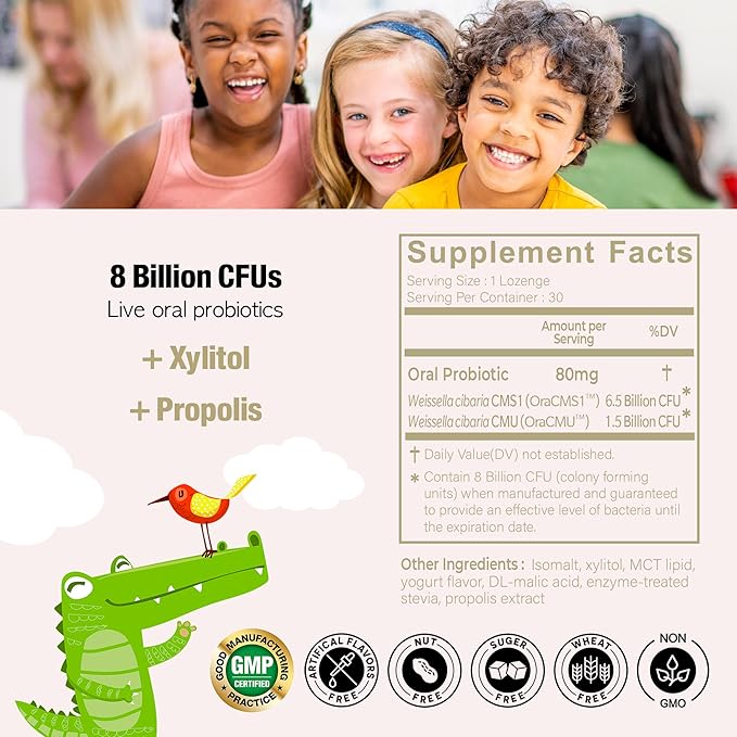 Kids Dental Probiotics for Anti-Cavity + Healthy Teeth and Gums, 8 Billion CFU Probiotics for Oral Health, Yogurt Flavor 2-Pack