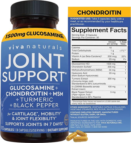 Glucosamine Chondroitin MSM Joint Support Supplement, 90 Capsules - with Turmeric, Black Pepper, Boswellia and Hyaluronic Acid - Joint Health Supplement for Mobility, Flexibility and Comfort