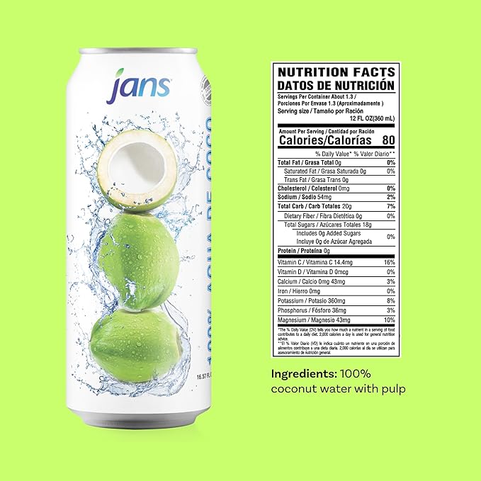 Coconut Water with Pulp, Coconut Water Bulk Pack16.5 Ounce (Pack of 12) by Jans | 100% Pure & NO Sugar Added, Non-GMO, Not From Concentrate | Refreshing Taste of the Tropics, Agua de Coco