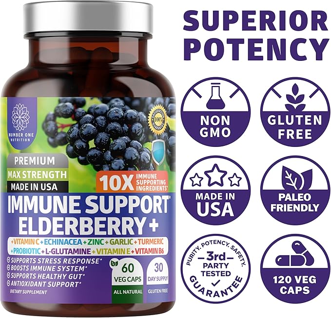 2 Pack N1N Premium 10 in 1 Immune Support Supplement [10 Potent Ingredients] with Elderberry, Vitamin C, Zinc, Echinacea, Turmeric Curcumin, Garlic and Probiotics for Adults, 120 Veg Caps