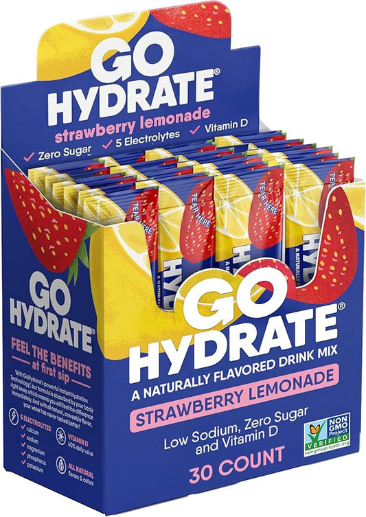 GoHydrate Instant Hydration Powder Packets - Low Sodium Electrolytes Drink Mix - Natural Hydration Support, Sugar Free Electrolyte Flavored Powder Drink with Vitamin D, 30 Packs, Strawberry Lemonade