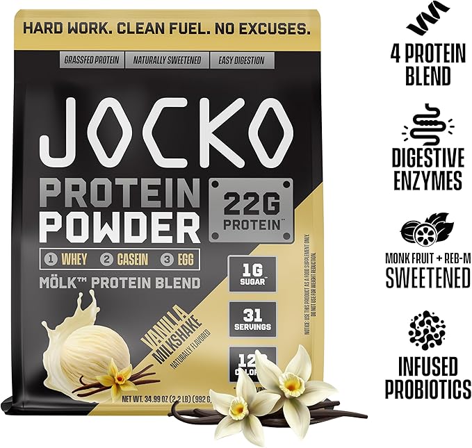 Jocko Fuel Mölk Whey Protein Powder 22g Protein - Low Sugar Monk Fruit Blend - Muscle Recovery & Growth, Packaging May Vary (31 Servings, Vanilla Milkshake)