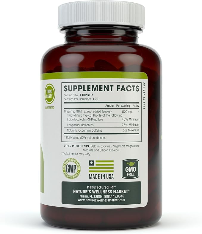 Green Tea Extract 98% Standardized with EGCG | Healthy Weight Support, Metabolism, Energy, Heart Health | Green Tea Capsules are Natural Caffeine Pills with Antioxidant & Free Radical Scavenger 1000mg