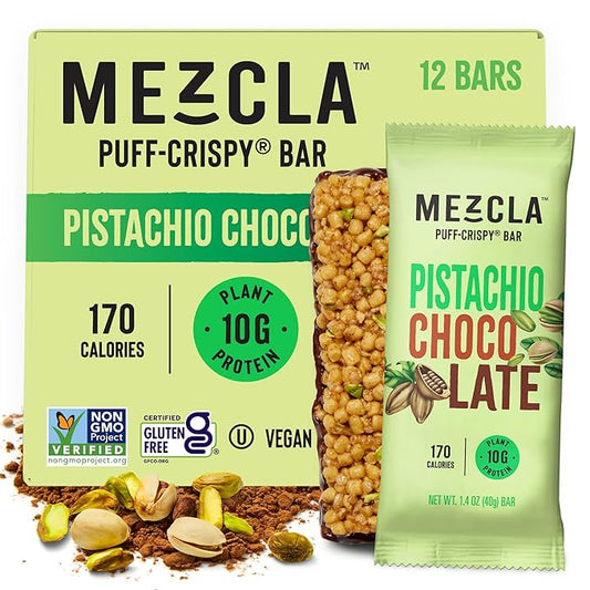 Mezcla Vegan Protein Bars, Gluten Free Snack Made with Dark Chocolate, Pea Protein, Pistachios and Other Premium Ingredients, Dubai Chocolate Bar, Healthy Snacks, Pistachio Chocolate, 10g of Protein, 12 Pack