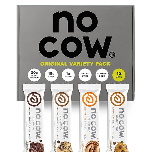 No Cow High Protein Bars, Original Variety Pack - Healthy Snacks, 20g Vegan Protein, High Fiber, Low Sugar, Keto Friendly, Dairy & Gluten Free (12 Count)