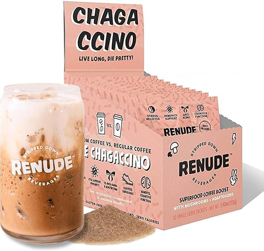 Renude Chagaccino - Chaga Mushroom Powder, Mushroom Coffee Drink Mix with Adaptogens, Natural Energy and Immune Support, Vegan, Keto, Zero Calorie Mushroom Blend Powder - 10 Servings