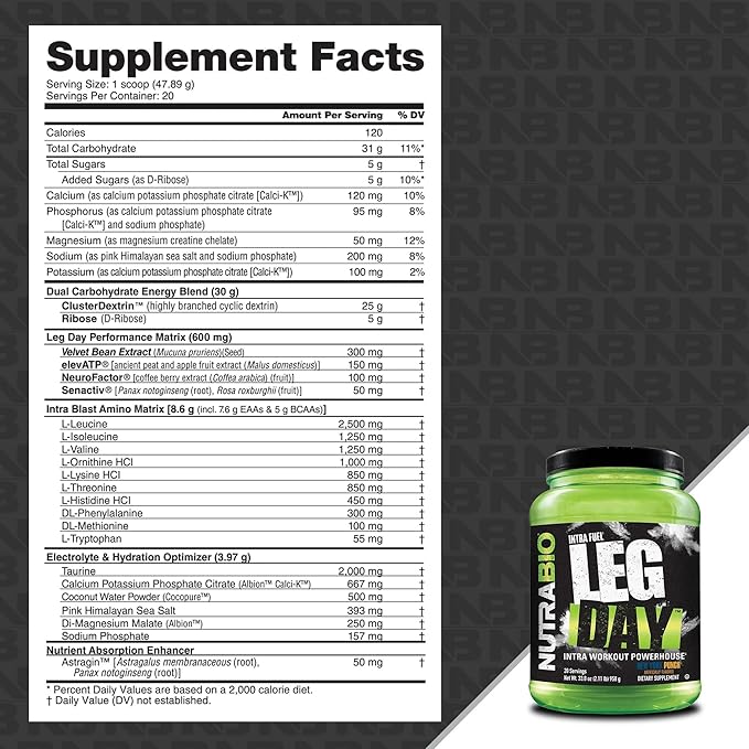 NutraBio Leg Day Intra Carb Supplement – Advanced Carbohydrate Complex – Amino Acid EAA/BCAA Formula – Electrolyte Blend for Recovery and Performance, New York Punch, 20 Servings