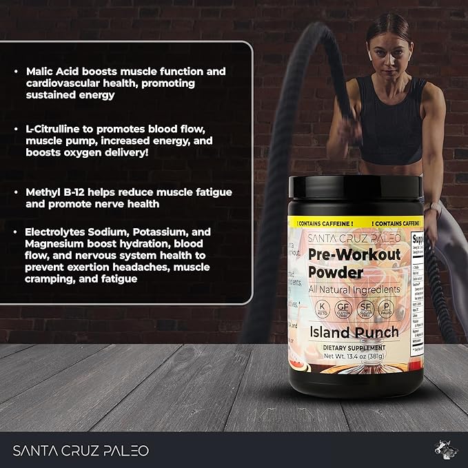 Santa Cruz Paleo Natural Pre Workout Powder, Island Punch, Keto Preworkout Electrolytes with Magnesium, Potassium, L-Citrulline, 150mg Caffeine, Sugar-Free Drink Mix for Energy & Hydration,30 Servings
