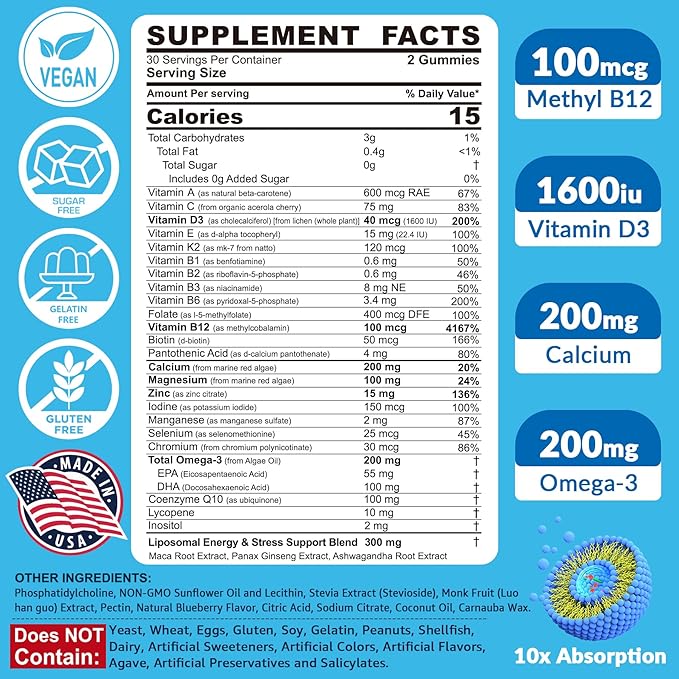Methylated Multivitamin for Men Gummies, Vegan Omega 3, CoQ10, Zinc, Vitamin A C D3 K2 E B Complex, Calcium, Magnesium, Lycopene - Liposomal Vitamins - Energy, Immune, Bone, Brain, Sugar Free, 120 Cts