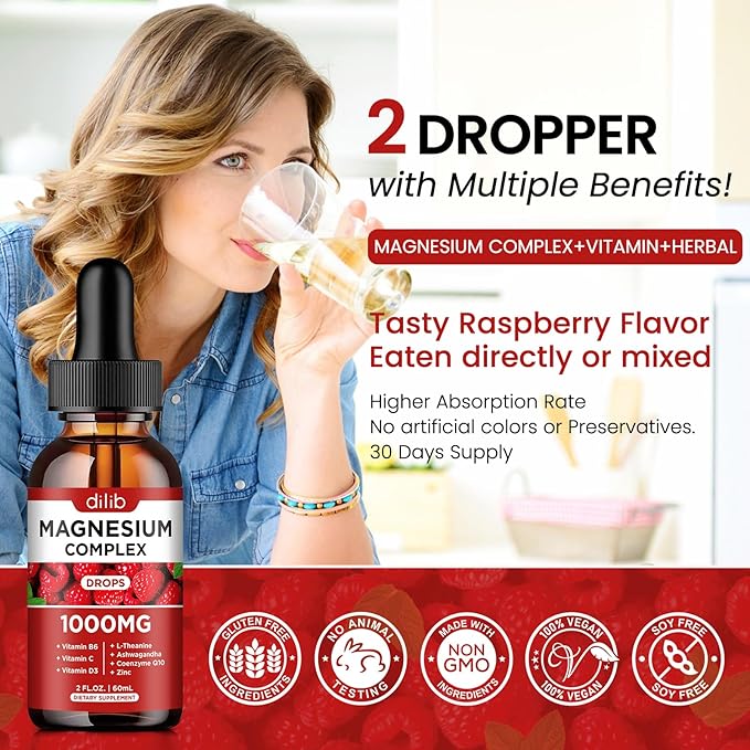 Triple Magnesium Complex Supplement, Magnesium Glycinate, Citrate Liquid Drops 1000mg with Ashwagandha, CoQ10, Vitamin B6, C, D, Zinc - Vegan Raspberry Flavor