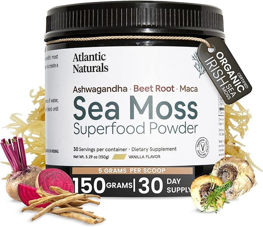 Atlantic Naturals Sea Moss Superfood Powder with Ashwagandha, Beet Root, and Maca Root - Sea Moss Powder Supports Healthy Skin, Athletic Performance, and Positive Mood - Vanilla Flavor (150g)