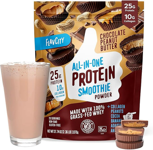 FlavCity Protein Powder Smoothie, Chocolate Peanut Butter - 100% Grass-Fed Whey Protein Smoothie with Collagen (25g of Protein) - Gluten Free & No Added Sugars (37.74 oz)