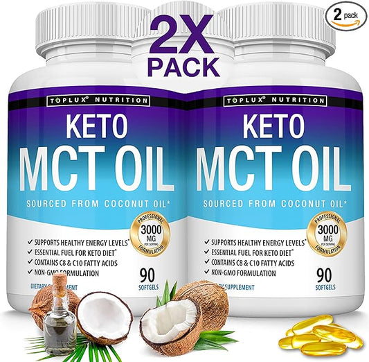 Toplux Keto MCT Oil Capsules - 3000mg Natural Pure Coconut Oil Extract Pills, Source of Energy, Easy to Digest for Men Women, 90 Softgels, Supplement