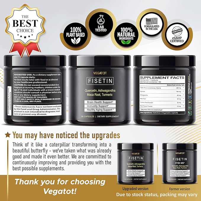 Fisetin High Purity 98%% **USA Made and Tested** (Similar to Apigenin Luteolin Quercetin) with Quercetin Ashwagandha Maca Root Turmeric - Promote Healthy Aging, Energy, Immune Support