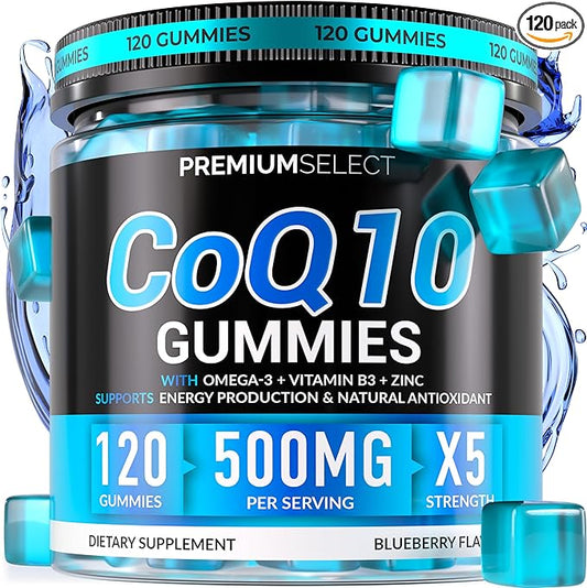 CoQ10 Gummies for Adults 500mg Sugar Free - 120 Cq10 Gummies High Absorption Supplement with Omega-3, Vitamin B3, and Zinc Supports Heart Health, Cellular Energy Antioxidant Protection Gummy Chews