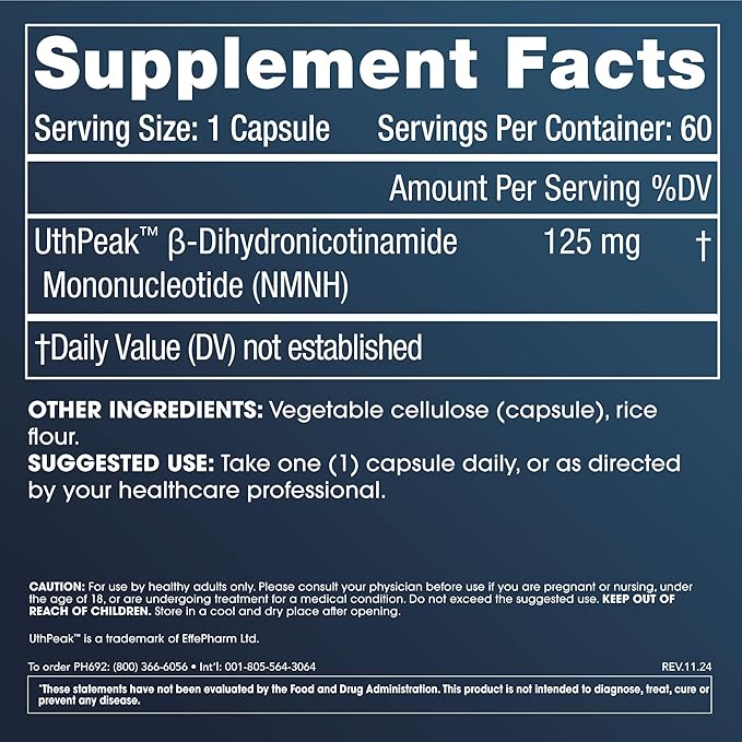 Pure NMNH (Dihydronicotinamide Mononucleotide) 125 mg | Sustained NAD Boost | 3rd Party Lab Tested