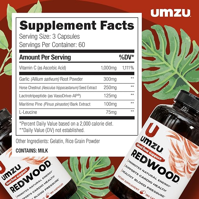 UMZU Redwood Blood Flow Nitric Oxide Supplement for Men & Women, Blood Pressure, Circulation, Stamina, Energy (30 Day Supply | 180 Capsules)
