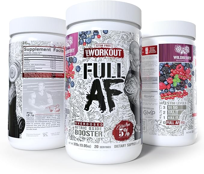 5% Nutrition FullAF Pre-Workout | Stim-Free with Massive Pumps | L-Citrulline, L-Taurine, Nitrosigine, GlycerSize | 13.05 oz (Wildberry)