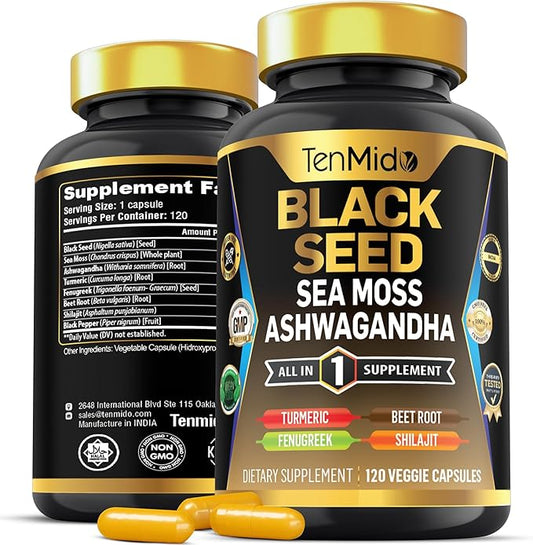 Organic Black Seed Supplement - 8in1 Formula - Combine with Sea Moss, Ashwagandha, Turmeric, Fenugreek, Beet Root, Shilajit, and Black Pepper - 120 Vegan Capsules for 4 Months Supply