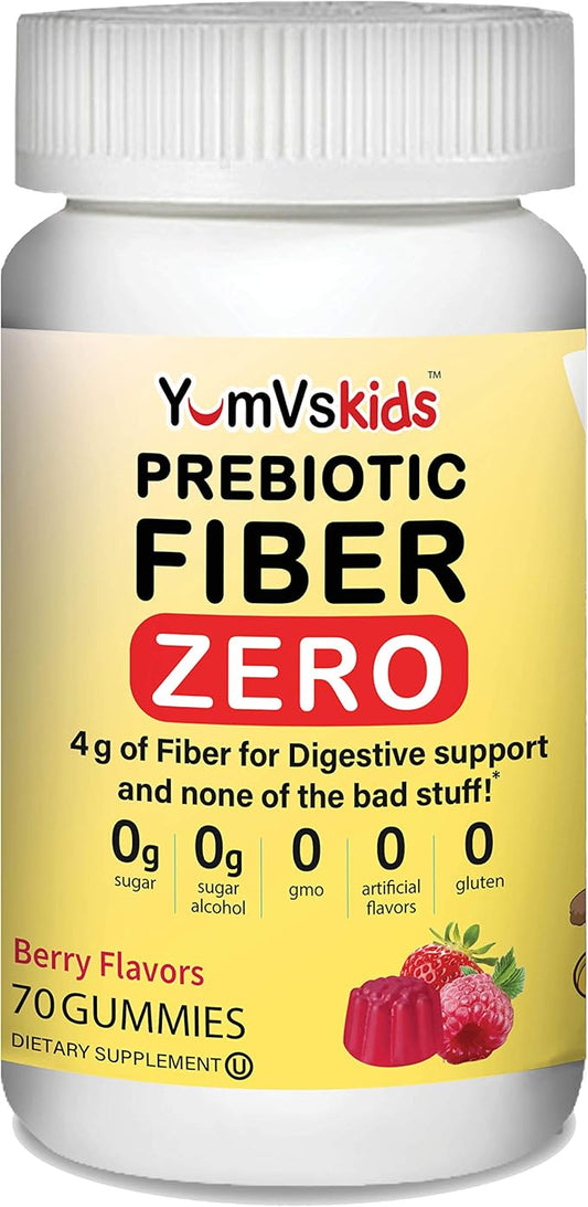 Prebiotic Fiber Zero Gummies for Kids by YumVs | Keto Sugar Free Gummy Chews for Toddlers |4g Fiber for Children Constipation Support | Natural Kosher Halal Berry Chewable 70 Count