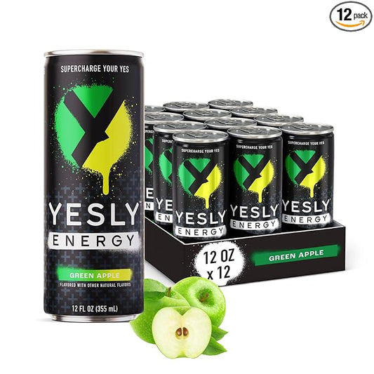 Yesly Energy Drink, Green Apple, Naturally Flavored Sparkling Energy Water With Electrolytes, Magnesium, Potassium, Vitamin C, B6 & B12, Natural Caffeine From Green Tea, 12 Fl Oz Cans, 12 Pack