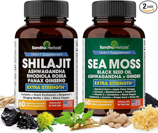 Sandhu Herbals Bundle - Sea Moss, Shilajit, Black Seed Oil, Ashwagandha, Ginger, Rhodiola Rosea, Panax Ginseng, Stinging Nettle