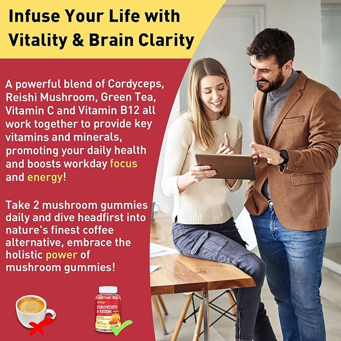 Mushroom Gummies, Cordyceps Reishi Mushroom Supplement Gummies for Adults with Green Tea Extract, Brain Supplements for Memory and Focus, Energy, Athletic Performance*, Rest - 60 Count