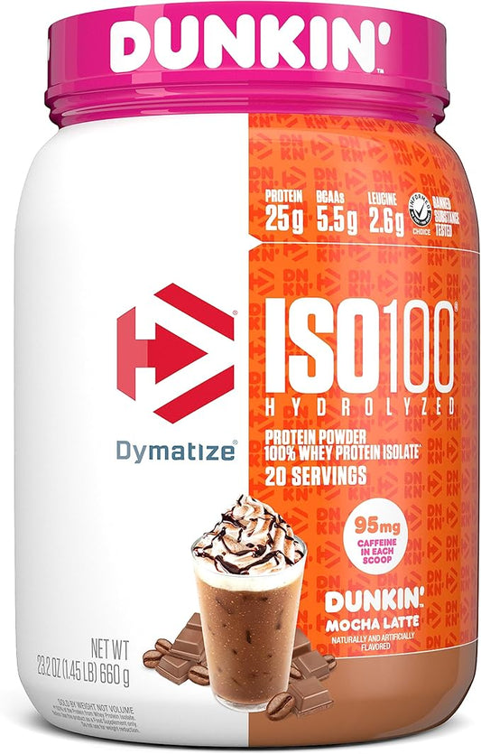 Dymatize x Dunkin' Mocha Latte ISO100 Whey Protein Powder, 95mg Caffeine, 25g of Protein, 20 Servings, 5.5g BCAAs, 120 Cal., Gluten Free, 1g Fat, 1g Sugar, 3g Carb