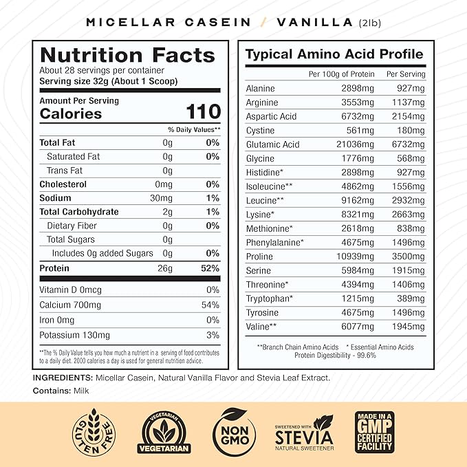 Muscle Feast Micellar Casein Protein, All Natural Pasture Raised Hormone Free Soy Free, Vanilla, 2lb