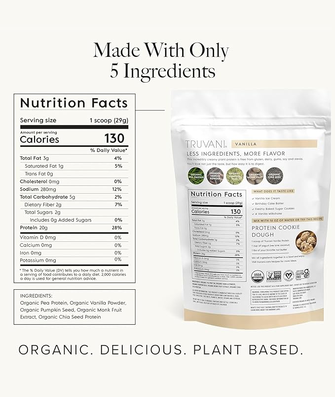 Truvani Vegan Protein Powder | Vanilla | 20g Organic Plant Based Protein | 18 Servings | Keto | Gluten & Dairy Free | Low Carb | No Added Sugar