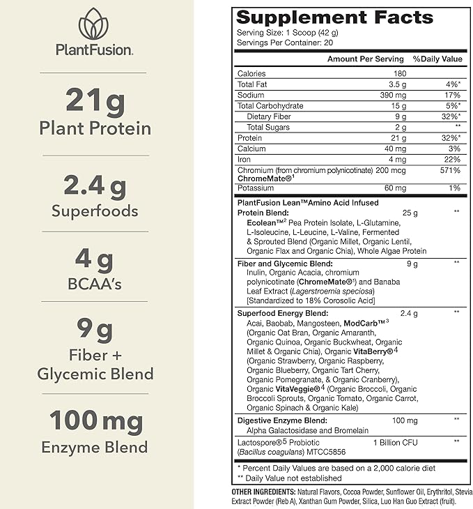 PlantFusion Complete Lean Plant Based Protein Powder - Prebiotic Fiber, Superfoods & Digestive Enzymes - Vegan, Gluten Free, Soy Free, Non-GMO - Chocolate Brownie 1.85 lb