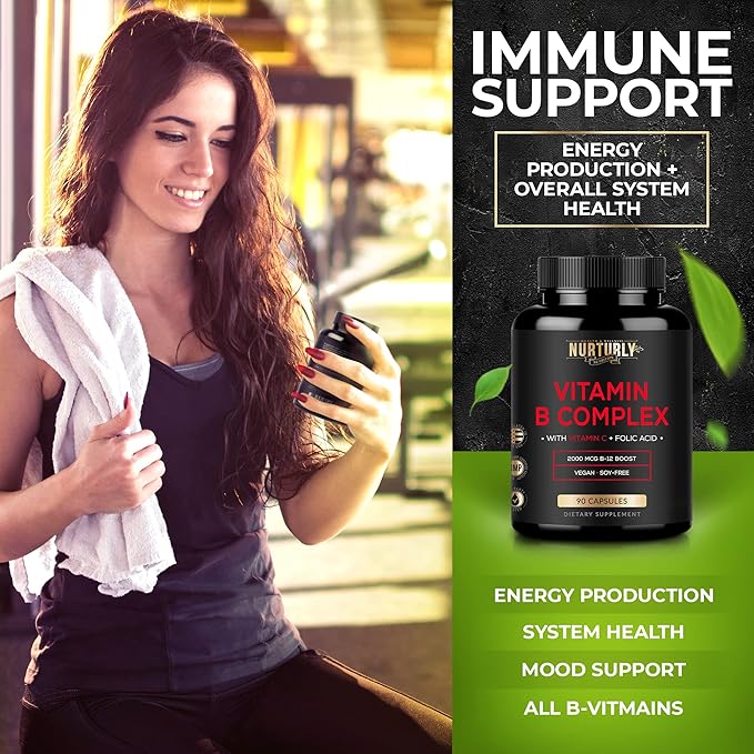 Vitamin B Complex with Vitamin C - Contains All Essential B Vitamins - B1, B2, B3, B5, B6, B7, B9, B12 and Biotin - Super B Complex Vitamins for Energy, Immunity and Mood Support - 90 Capsules