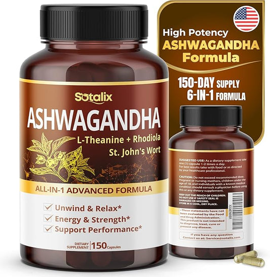 Ashwagandha All-in-1 Advanced Formula with L-Theanine, Rhodiola, St. John's Wort for Unwind & Relax & Strength - USA Made & Tested (150 Count (Pack of 1))