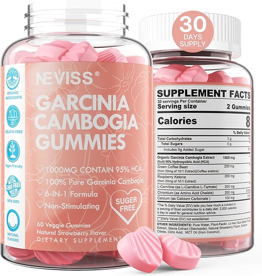 Sugar Free Garcinia Cambogia Gummies 1000mg 95% HCA Pure Extract with L-Carnitine, Raspberry Ketone, Chromium, Green Coffee Bean for Metabolism, 100% Organic Extract, Vegan, Strawberry Flavor 60 Cts