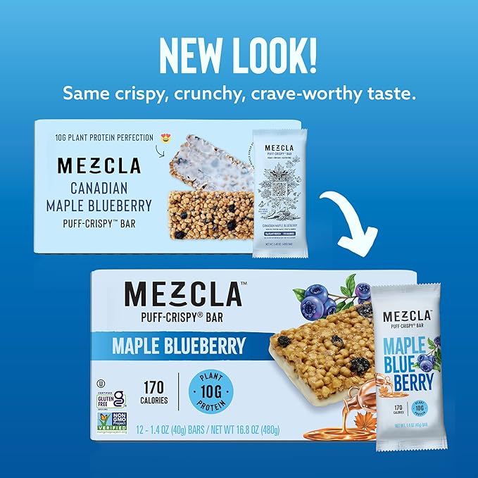 Mezcla Vegan Protein Bars, Gluten Free Snack Made with Pea Protein, Organic Vanilla, Blueberries and Other Premium Ingredients, Healthy Snacks, Maple Blueberry, 10g of Protein, 12 Pack