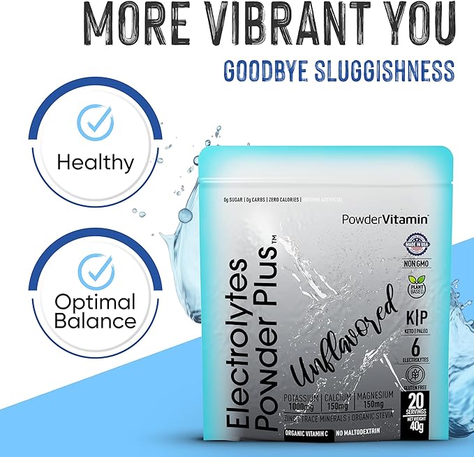 Electrolytes Powder Plus (20 Servings) Unflavored Electrolyte Powder Keto, Sugar Free, Pink Himalayan Salt.,1000mg Potassium,150mg Calcium,150mg Magnesium, Hydration Powder Organic STEVIA