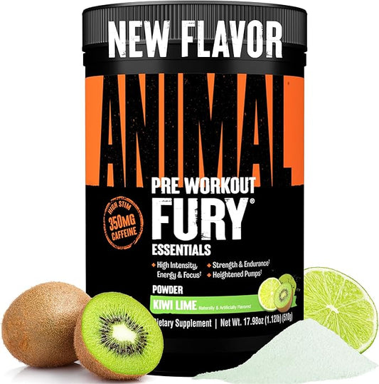 Animal Fury Pre Workout Powder - Endless Energy and Focus Supplement with 5g BCAA, 350mg Caffeine Nitric Oxide Booster with Beta-Alanine Preworkout for Men and Women, NEW Kiwi Lime Flavor, 30 Servings