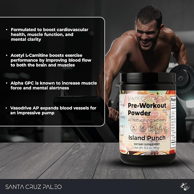 Santa Cruz Paleo Natural Pre Workout Powder, Island Punch, Keto Preworkout with Electrolytes Magnesium, Potassium, L-Citrulline, Caffeine Free, Sugar Free Drink Mix for Energy & Hydration, 30 Servings
